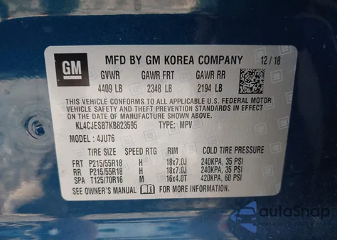 2019 Buick Encore Awd Preferred z USA, uszkodzony, nr VIN KL4CJESB7KB823595